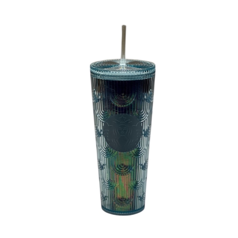 Starbucks Iridescent Blue Green Mermaid Tumbler With Straw Cold Cup 24 oz